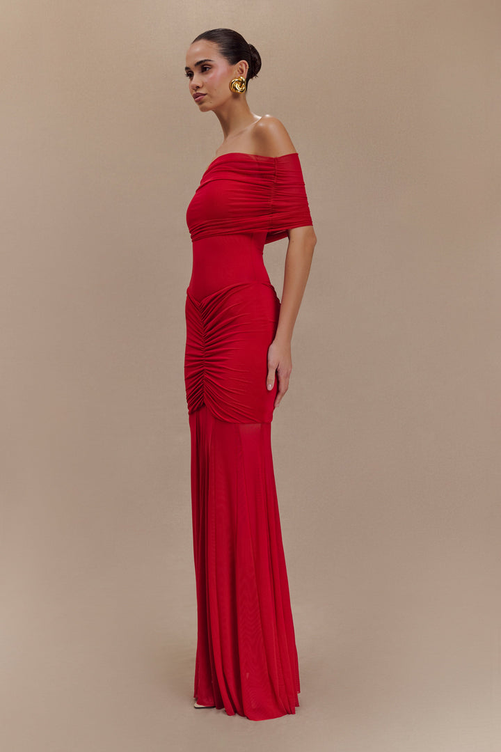 Caspian Slinky And Mesh Off Shoulder Maxi Dress - Ruby