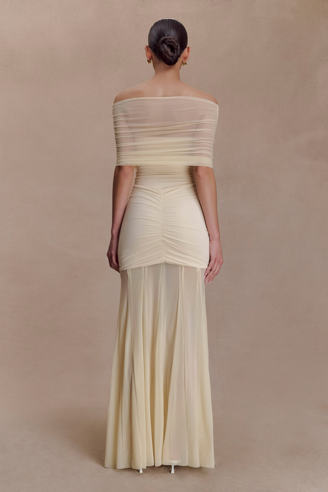 Caspian Slinky And Mesh Off Shoulder Maxi Dress - Ivory