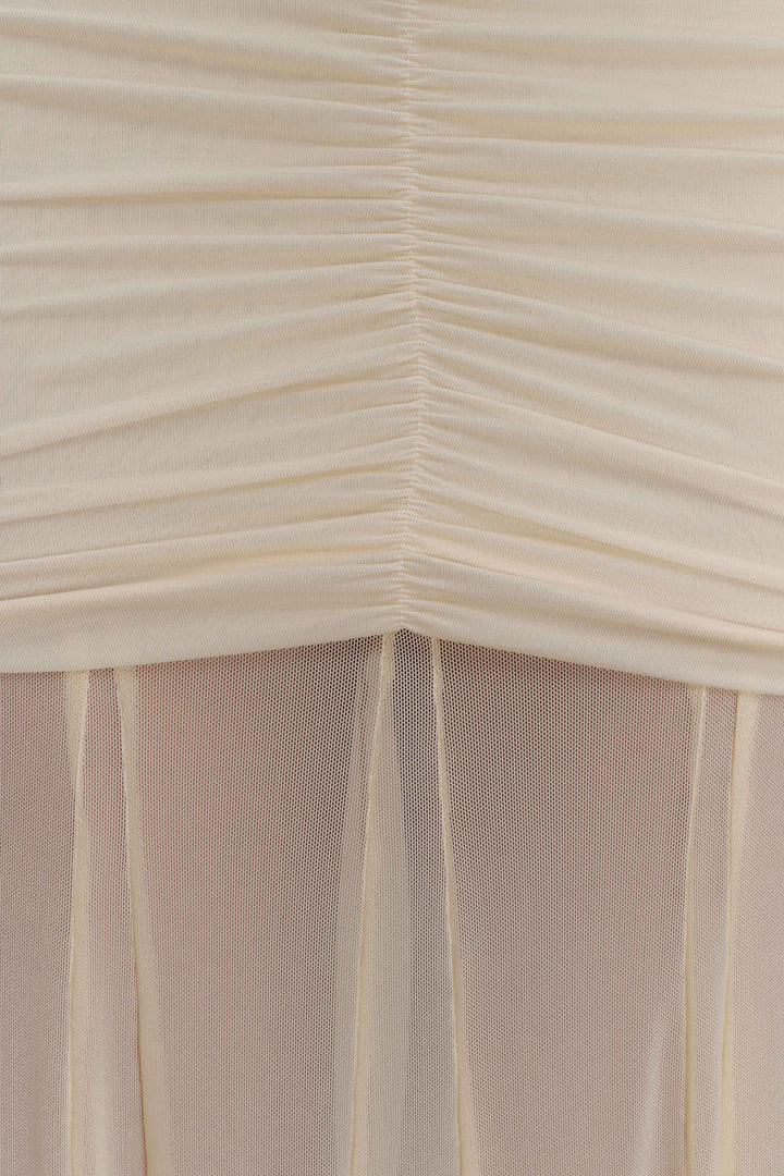 Caspian Slinky And Mesh Off Shoulder Maxi Dress - Ivory