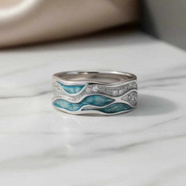 Silver Ring with Turquoise Wave Design