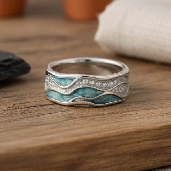 Silver Ring with Turquoise Wave Design