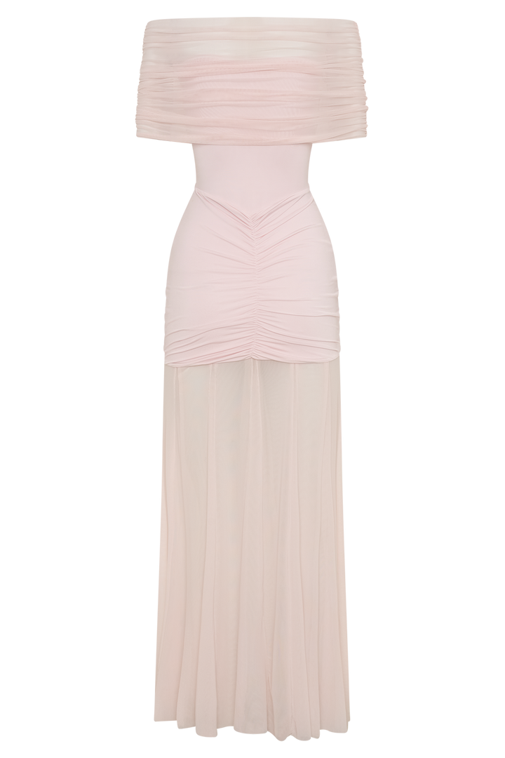Caspian Slinky And Mesh Off Shoulder Maxi Dress - Pale Pink