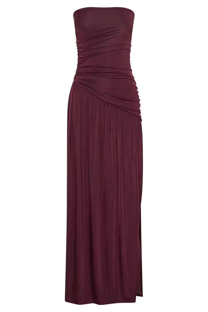 Bex Strapless Slinky Maxi Dress With Split - Burgundy