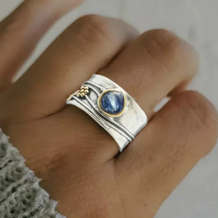 Antique-Inspired Gold-Plated Silver Ring with Blue Sapphire