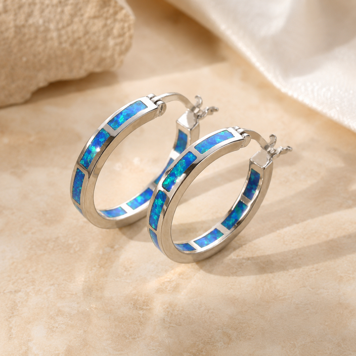 Stylish Circle Earrings Featuring Blue Fire Opal