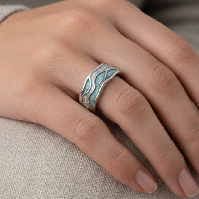 Silver Ring with Turquoise Wave Design