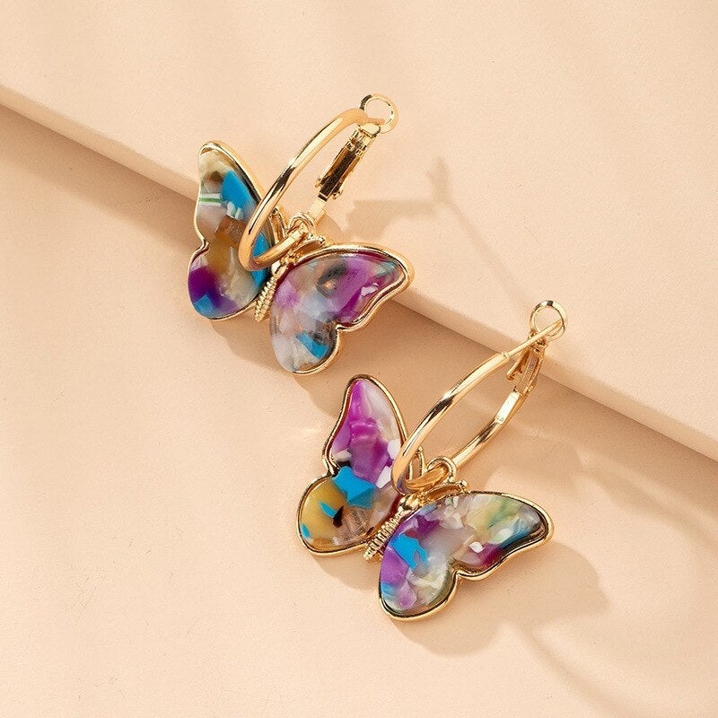 Multicolored Butterfly Golden Hoop Earrings