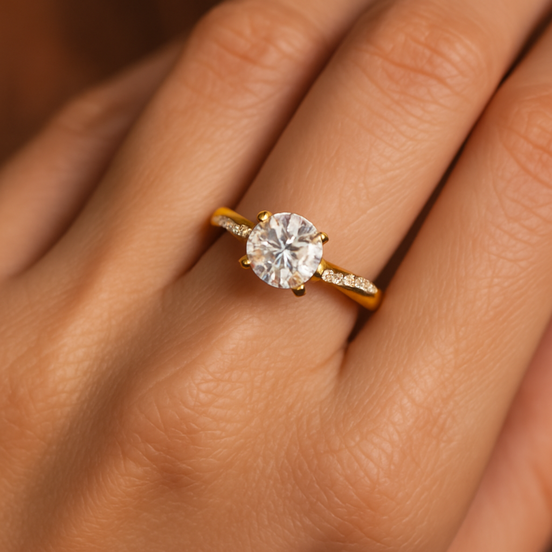 Crystal-Embellished Golden Engagement Ring