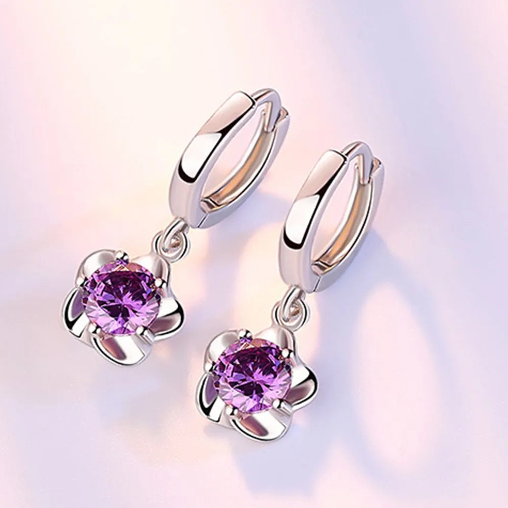 Purple and White Zirconia Silver Earrings