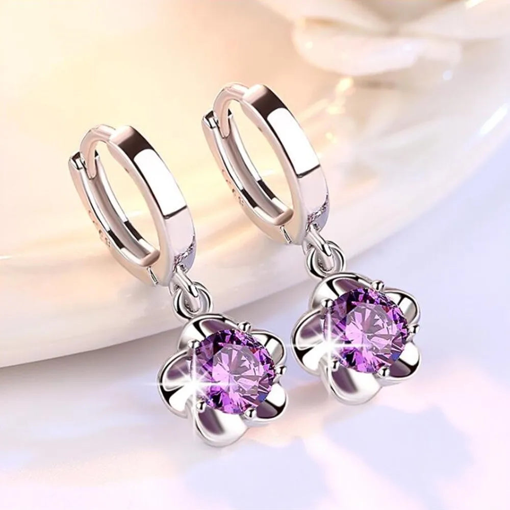 Purple and White Zirconia Silver Earrings
