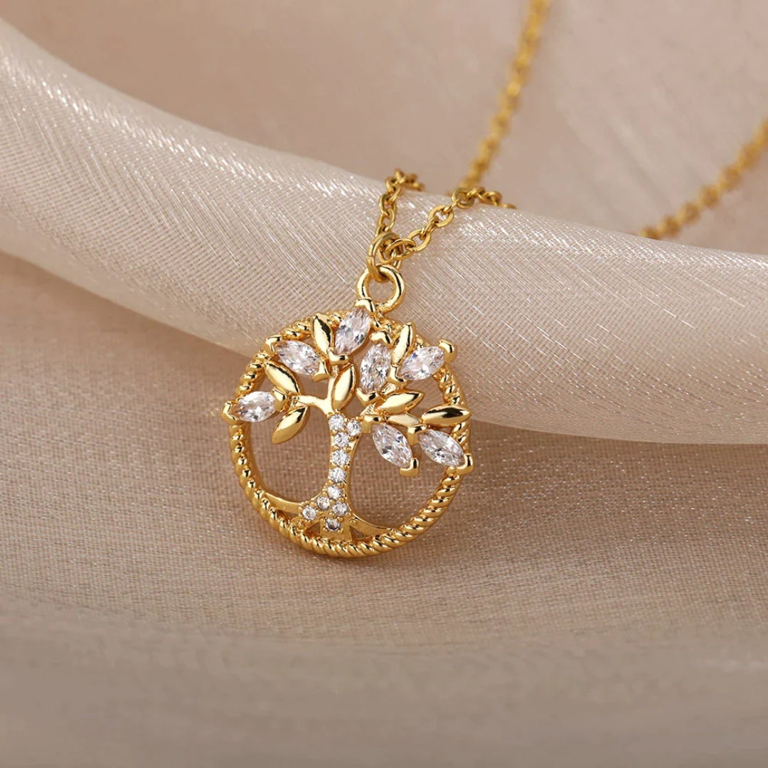 Gold Tree of Life Pendant Necklace Adorned with Crystals