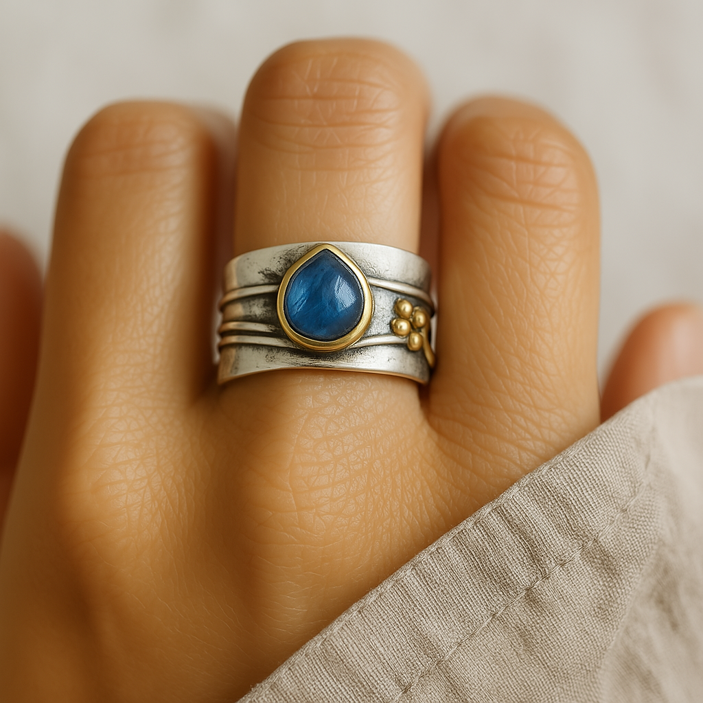 Antique-Inspired Gold-Plated Silver Ring with Blue Sapphire