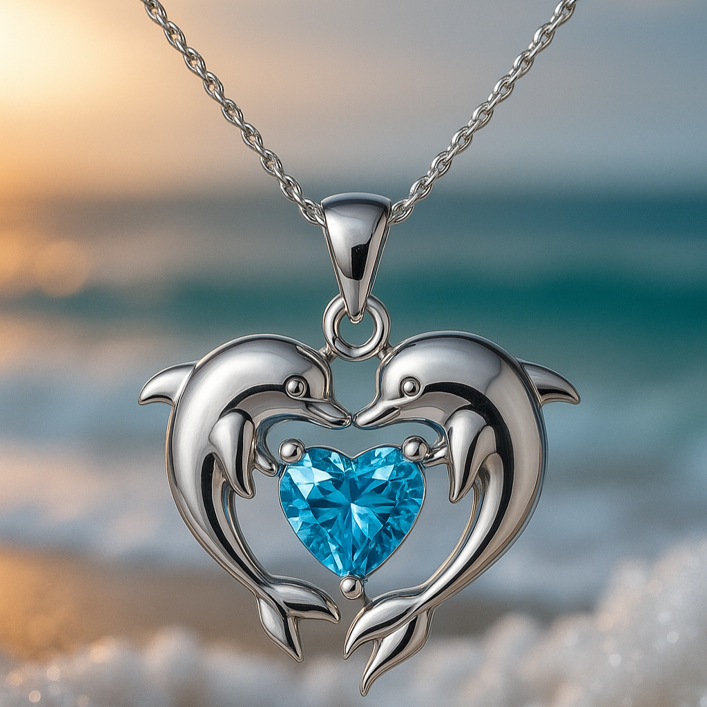 Elegant Silver Necklace Featuring Double Dolphins and Opal