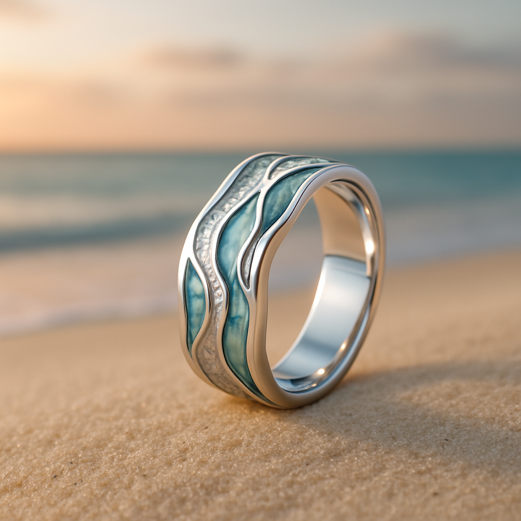 Silver Ring with Turquoise Wave Design