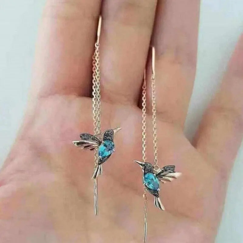 Gold and Crystal Hummingbird Wire Earrings